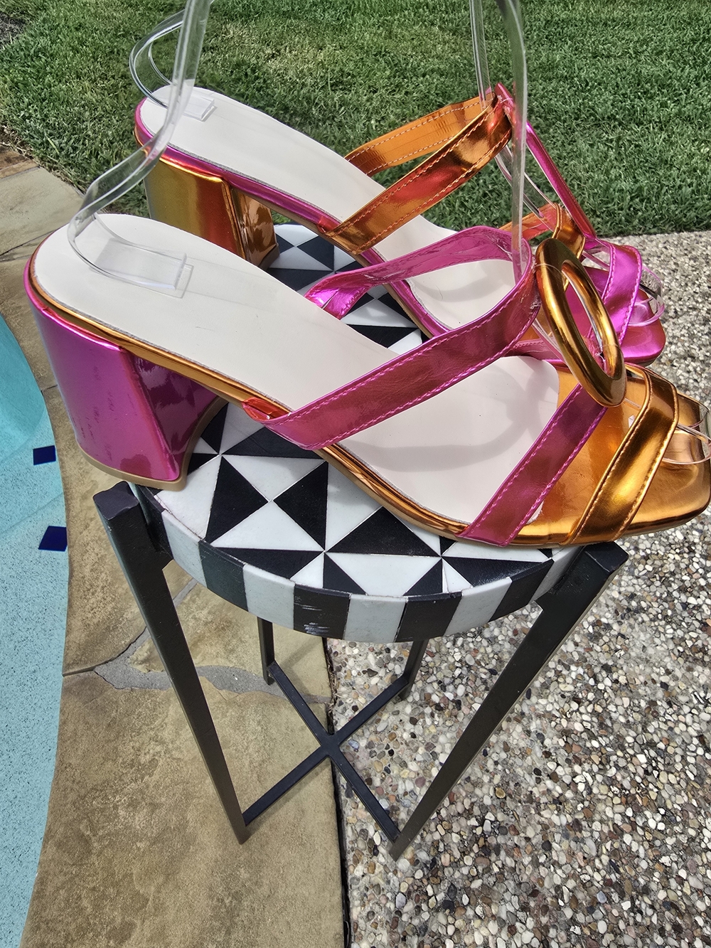 Metallic Pink & Orange Buckle Slide Sandals - Picture 2 of 6